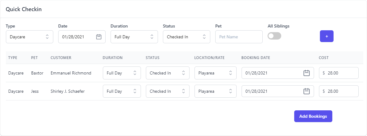 KennelBooker recurring daycare booking screen